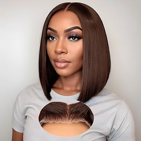 Glueless Dark Brown Bone Straight 4x4 HD Lace Bob Wig