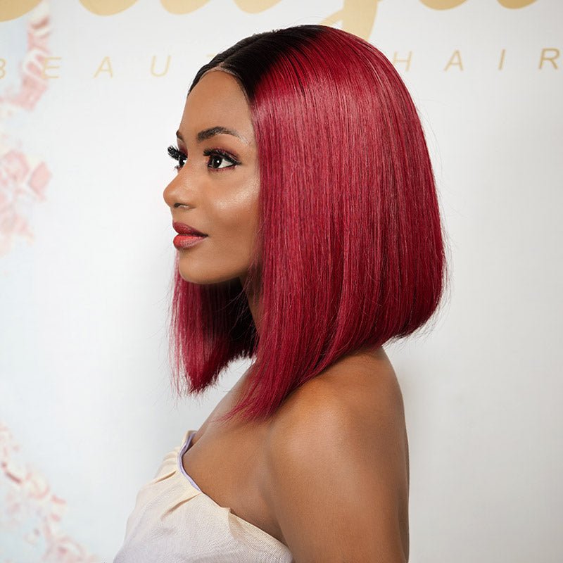 Glueless Burgundy 4x4 Closure Straight Bob Wig – 12" | 100% Human Hair - Image 3